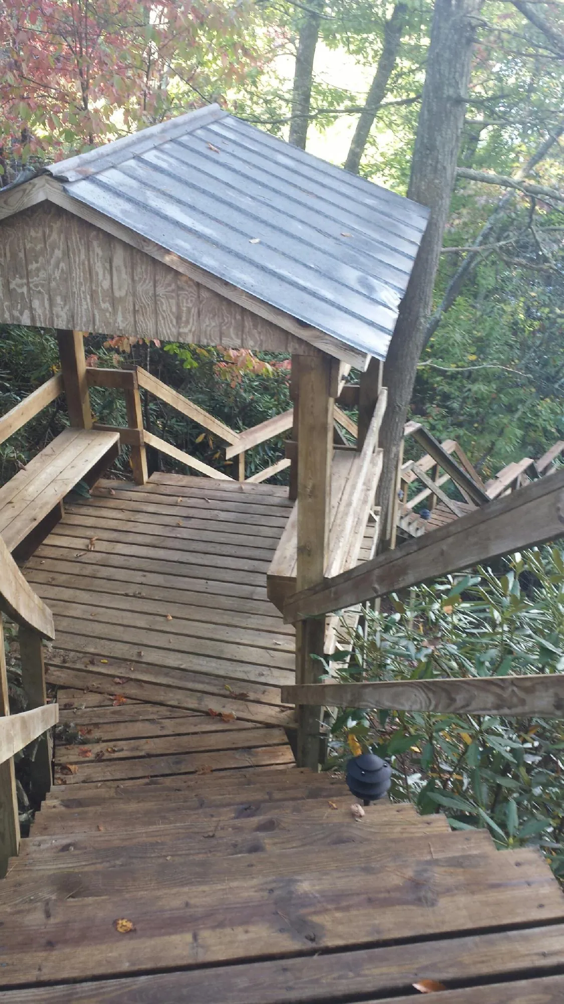 Metal roofed shelter over wooden steps on a wooded walkway — Skylight Repair & Installation work by our crew in Letha